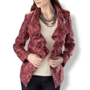 CHICO'S Trimming Tweed Ruffle Cataline Pink Blazer, Sz L